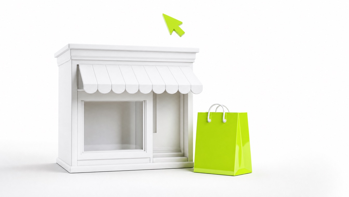 Shopify mağaza kurulumu: beyaz zemin üzerinde sade bir 3D dükkân vitrini ve yanında lime yeşili bir alışveriş poşeti.